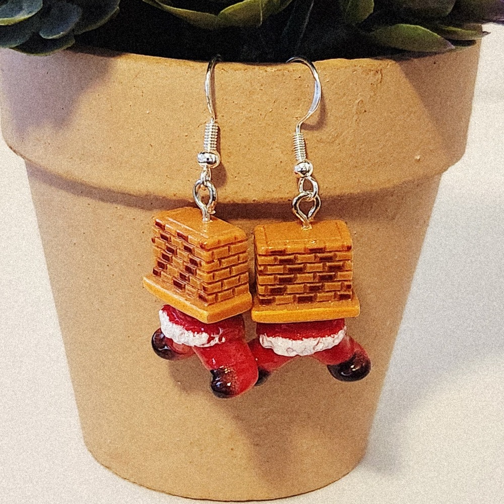 Santa Stuck in Chimney Christmas Novelty Drop Earrings Red Tan Holiday 1.75"